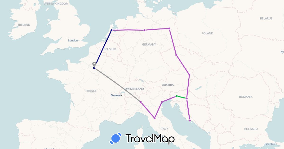 TravelMap itinerary: driving, bus, plane, train in Austria, Czech Republic, Germany, France, Croatia, Italy, Netherlands (Europe)